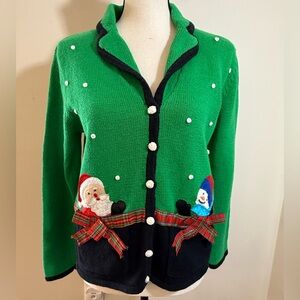 Studio Joy Christmas cardigan sweater green embroidered SZ PM